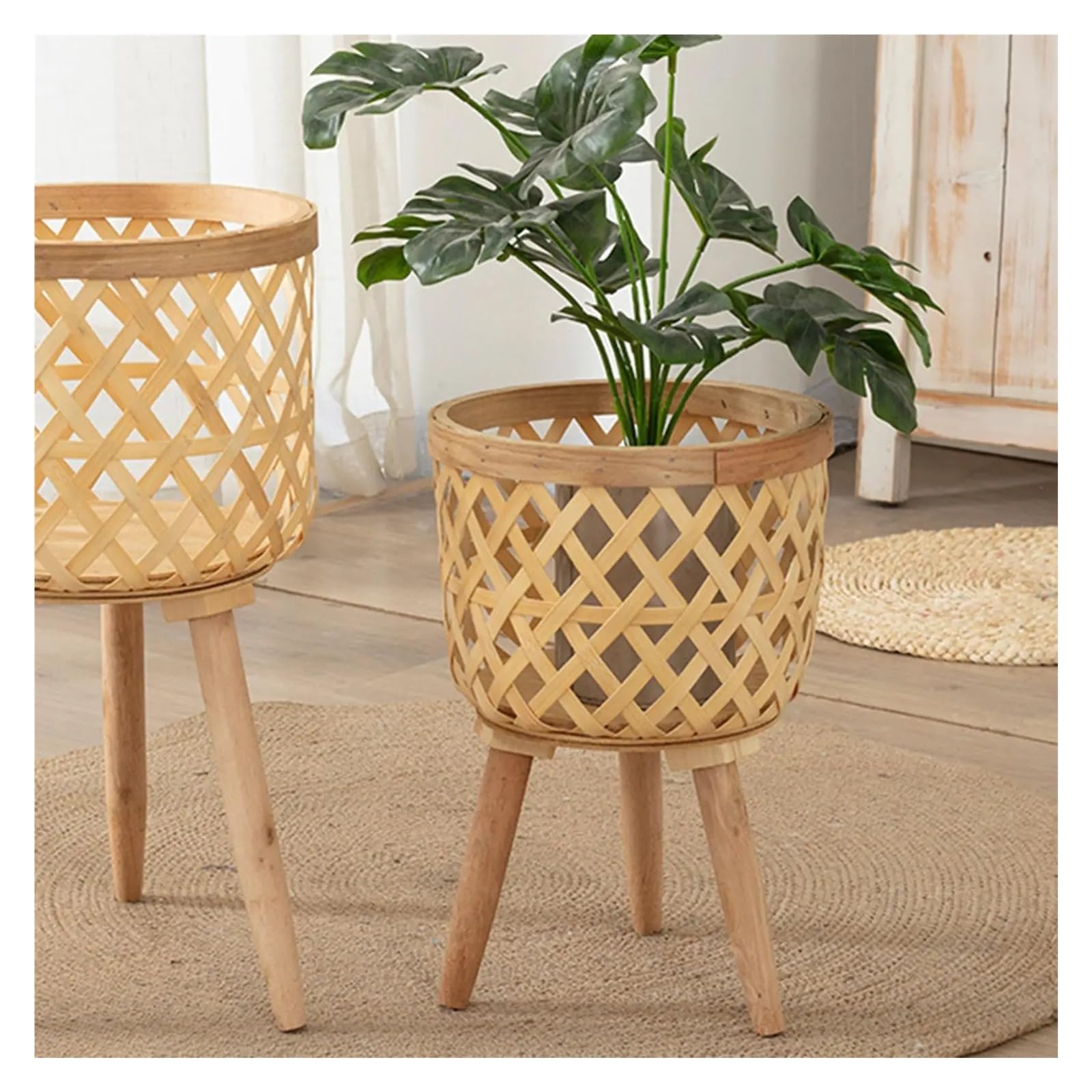 Wiklinowy kosz piknikowy, Hand Woven Wooden Flower Pot Beige 21.5x21.5x32.5cm For Indoor Outdoor Plants