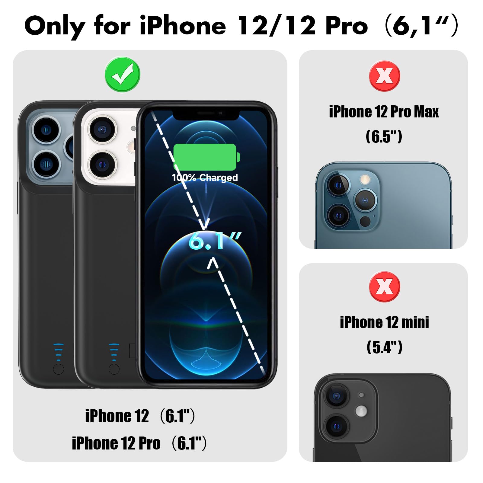 Custodia con Batteria per iPhone 12/12 Pro, Ricarica Estesa Sottile Ricaricabile da 8500 mAh, Custodia Protettiva Portatile con Batteria per iPhone 12/12 Pro, 6.1 Pollici - Nero