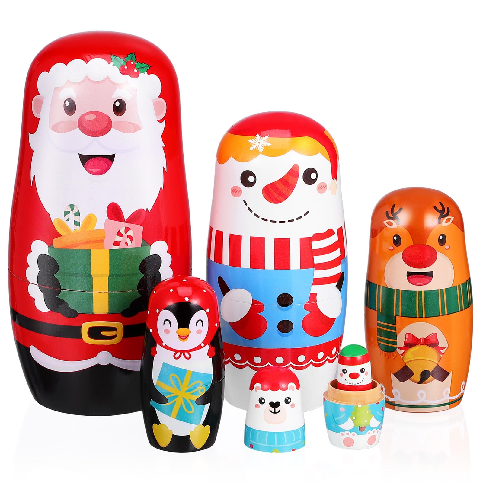6pcs Christmas Nesting Dolls Handmade Wooden Stacking Dolls Russian Nesting Dolls Toy Snowman Dolls with Cartoon Pattern Matryoshka for Christmas Decoration Birthday Party Favors