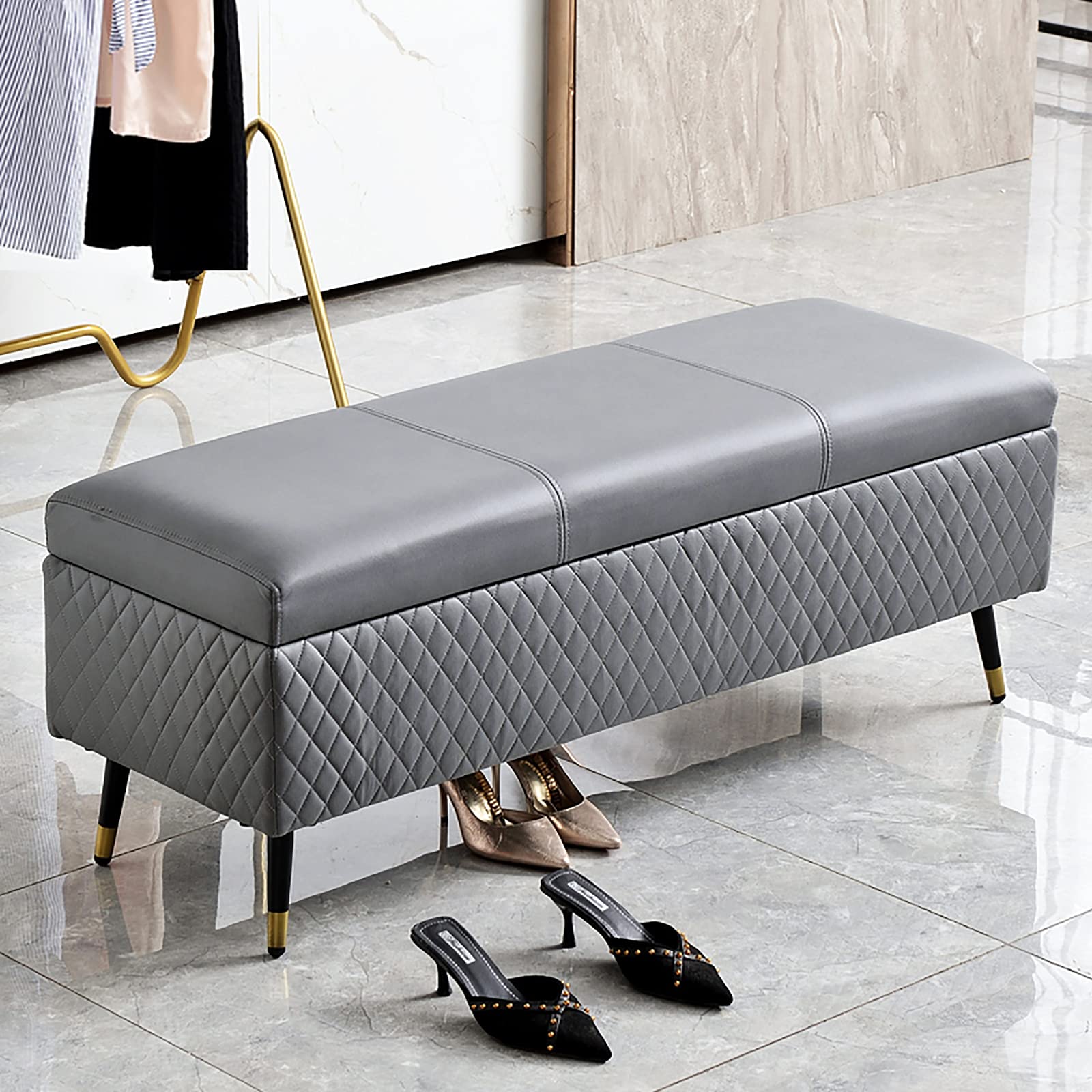 Banc de rangement multifonction et coffre à chaussures gris