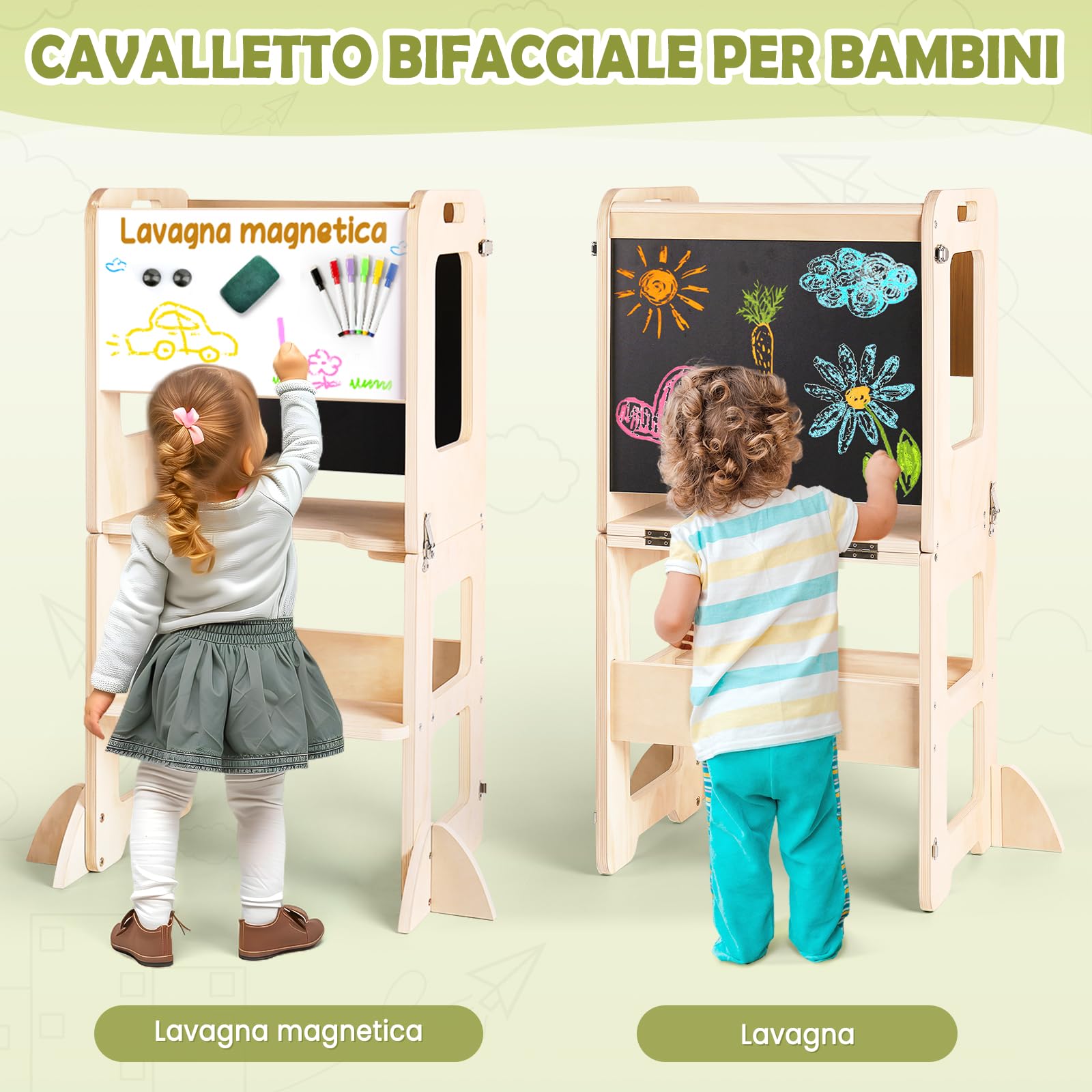 Torre Montessoriana Bambini da 1 Anno, 4 in 1 Torre Montessoriana Pieghevole per L'Apprendimento in Piedi, Torre Montessori con Lavagna e Lavagna Bianca, Regalo per Bambini e Bambine da 1 a 3 Anni