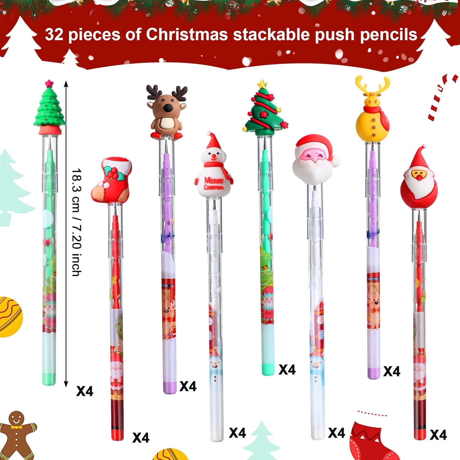 Funrous 32 Pcs Christmas Pencils Christmas Multi Point Pencils with Santa Xmas Tree Deer and Snowman Xmas Stationery for Gifts Supplies