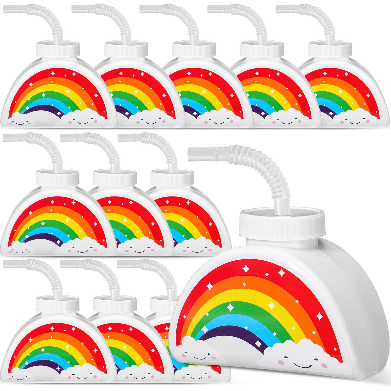 Domensi 12 Pack Rainbow Birthday Party Favors Kids Rainbow Cup Gift Bulk with Lid Straw 10 oz Plastic Reusable Cup for Child Birthday Baby Shower School Party Supplies Kindergarten Graduation Gift