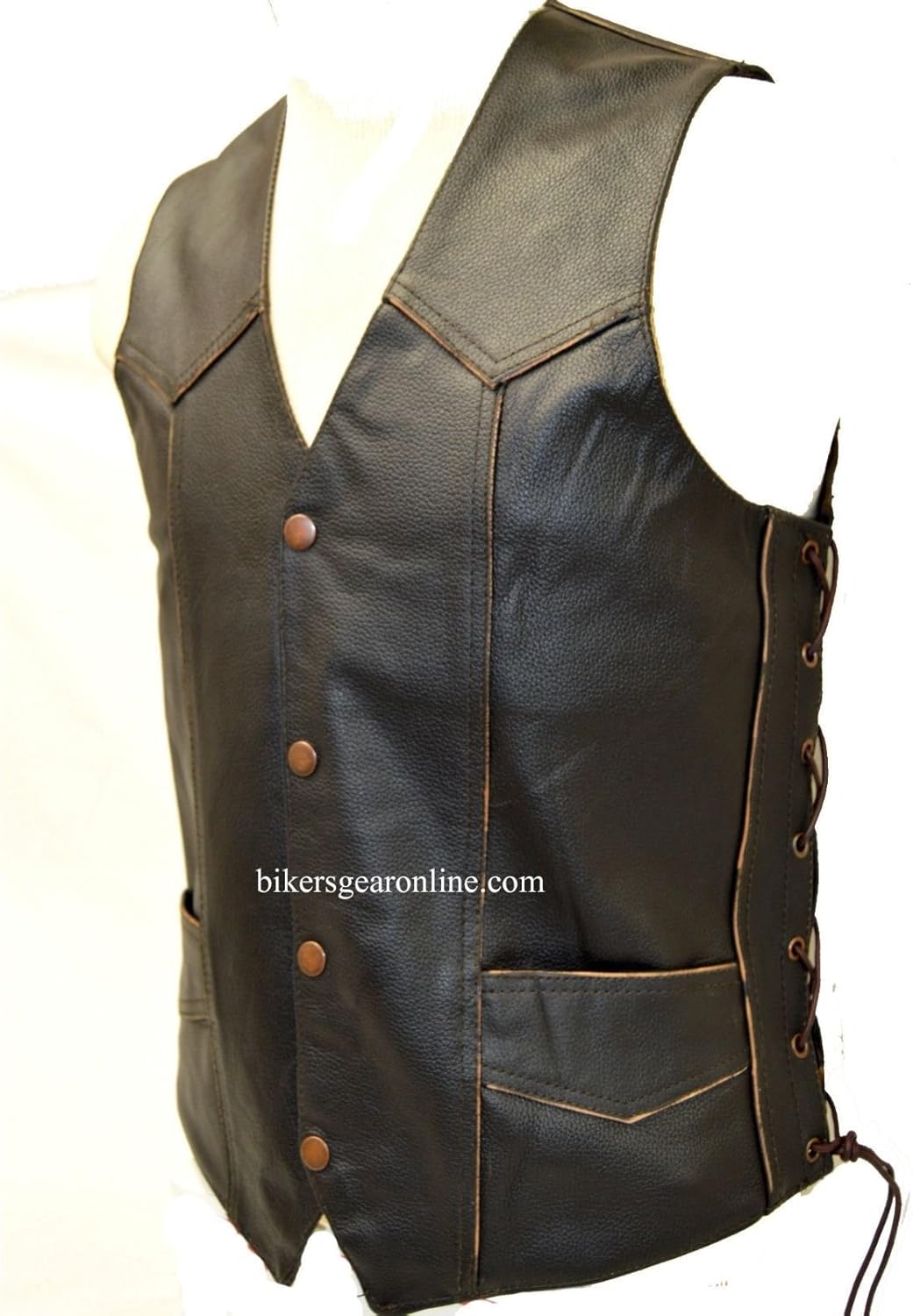 Men's Motorcycle Bikers Retro Brown Leather Vest Native American Back Side Laces (52 Regular)