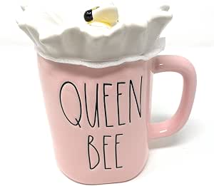 Rae Dunn QUEEN Pink Ceramic Mug With Bee Design - 16 Oz Handcrafted Style Coffee Cup