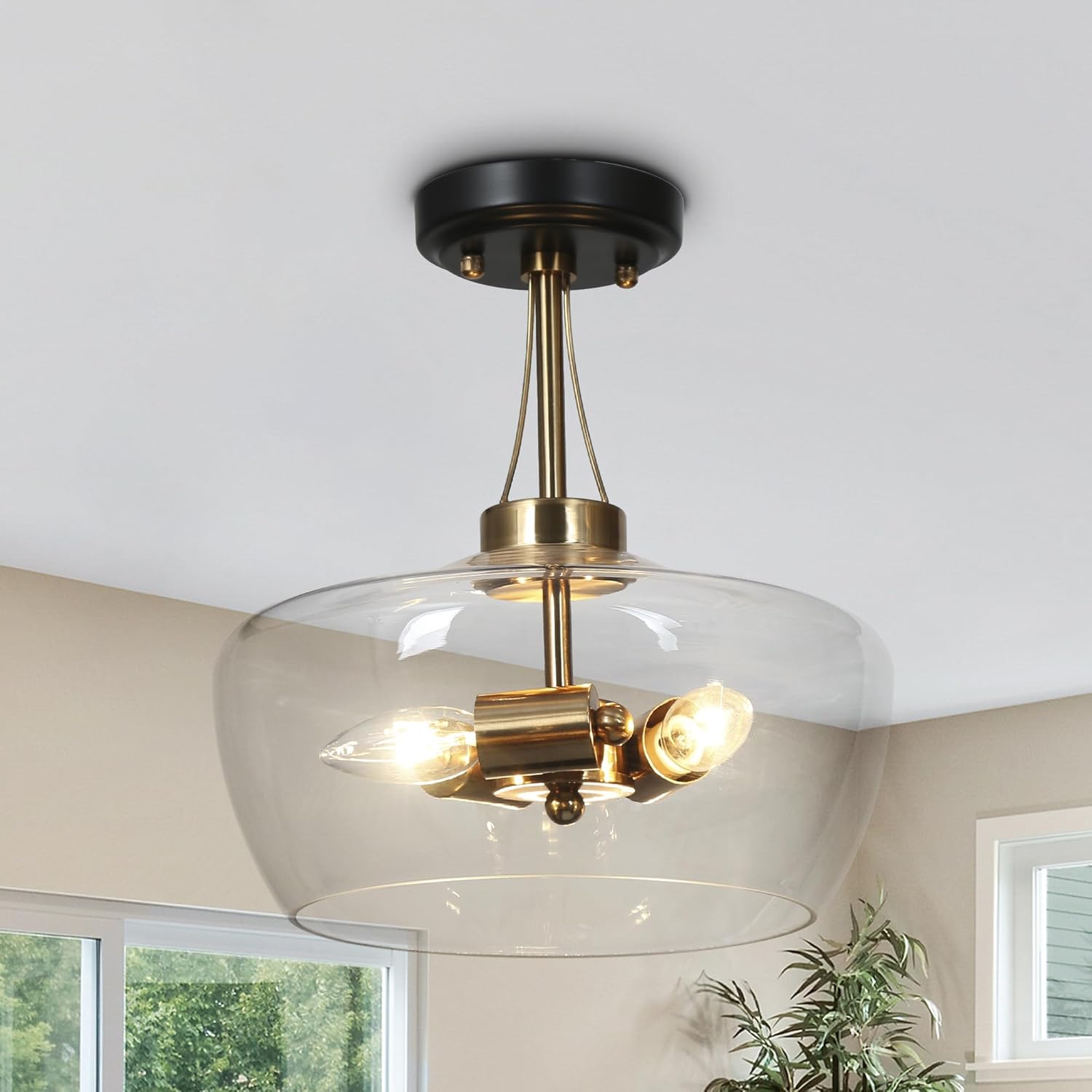 classy leaves Flush Mount Ceiling Lights, 3 Light Dining Room Chandelier Ceiling Light, Black and Gold Close to Ceiling Light Fixtures for Kitchen, Foyer