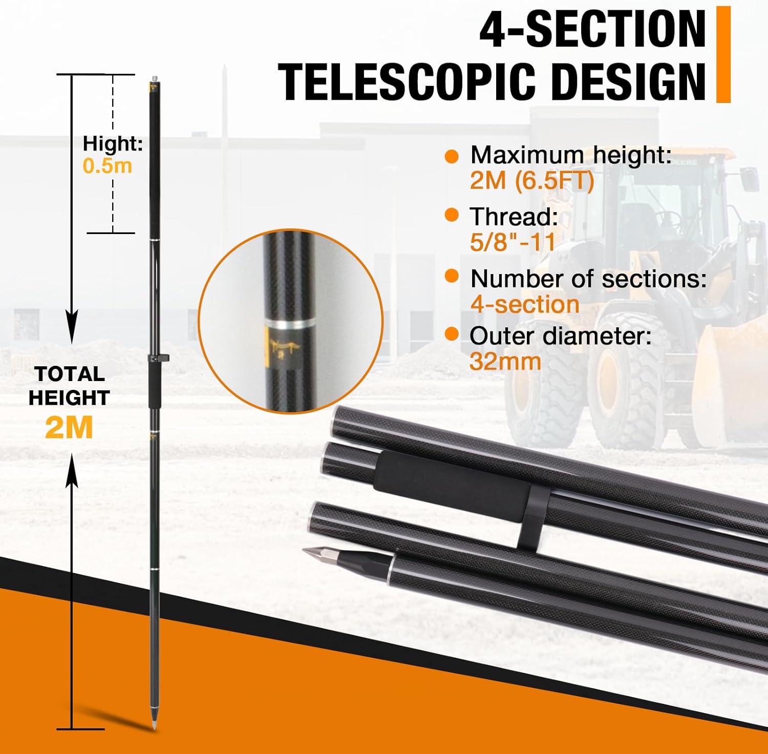2M Carbon Fiber GPS Rover Rod | 4-Section Telescopic Survey Pole for RTK GNSS with Bubble Level | Lightweight & Durable RTK Surveying Pole for Land Surveying & Engineering