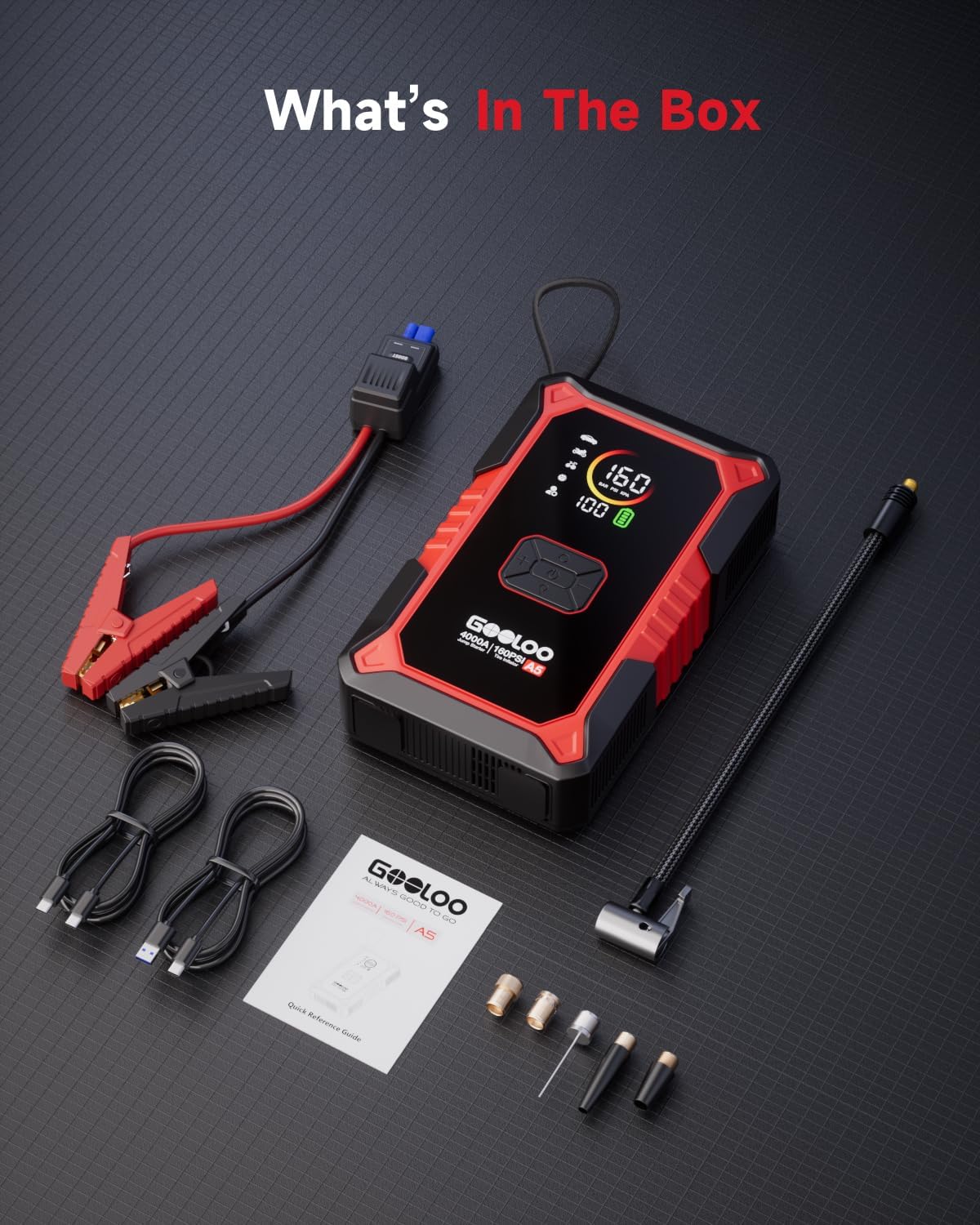 Contents of the GOOLOO A5 box including the jump starter, smart jumper cable, USB cables, pump tube, air nozzles, and user manual.