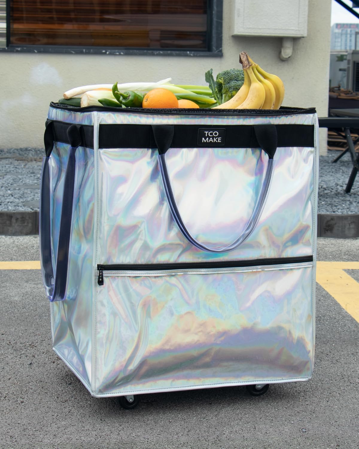 (Large, Phantom White) Reusable Grocery Bag on Wheels, Shopping Bags with Wheels and Handle, Folding Rolling Tote, Zipper Cover, Carries Up to 76 LBS, for Laundry, Picnic - Image 3