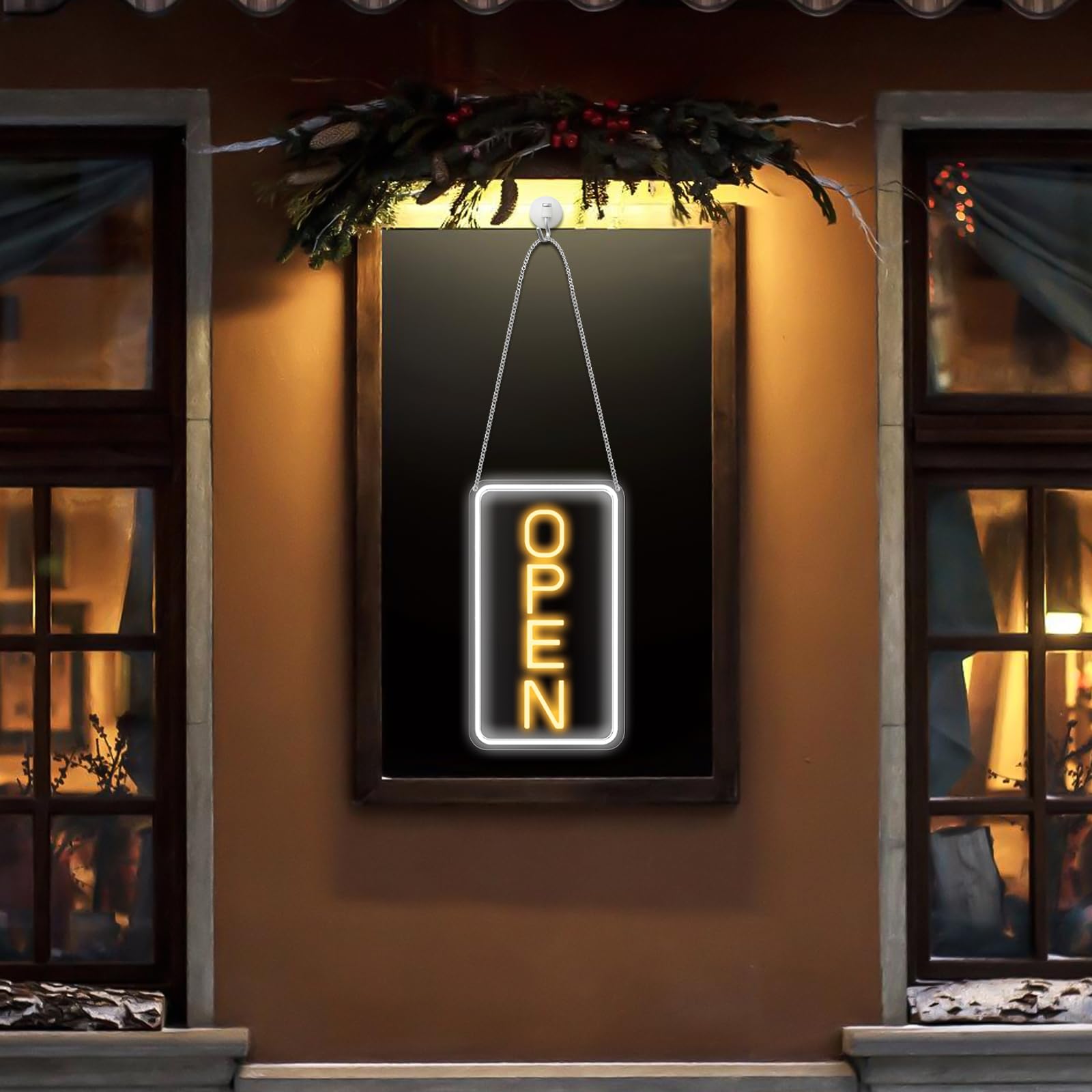 Targa LED Open Neon con adattatore da 12 V on/off, luminosità regolabile, per negozi, bar, salone, negozio e caffetteria, giallo/bianco, segnale al neon sign, 18 x 38 cm, verticale