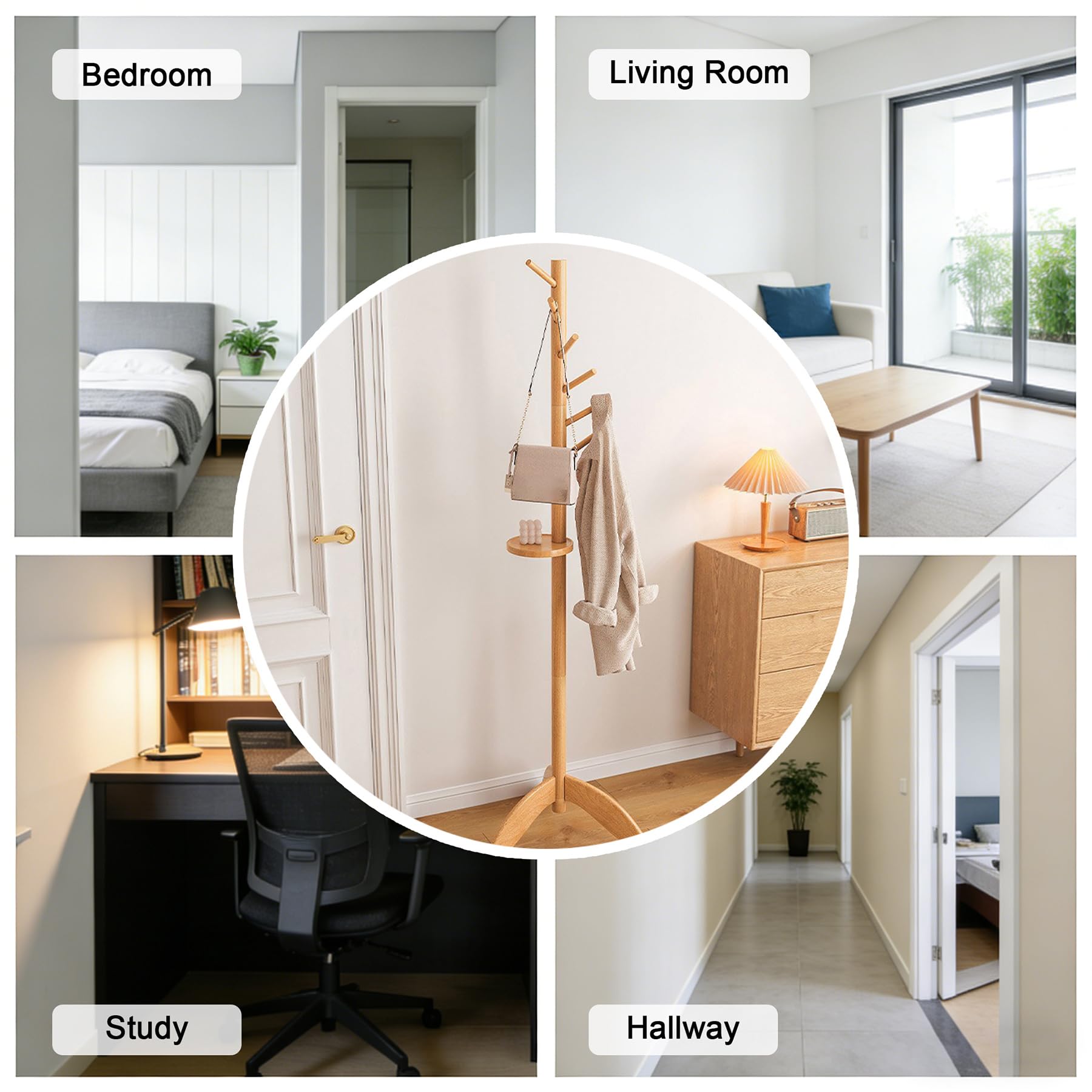 Perchero Independiente De Madera Maciza Incluye Bandeja Y Ganchos Perchero Compacto para Espacios Pequeños Árbol De Recibidor Multifuncional De 178Cm De Altura para Salone,Natural Wood,B