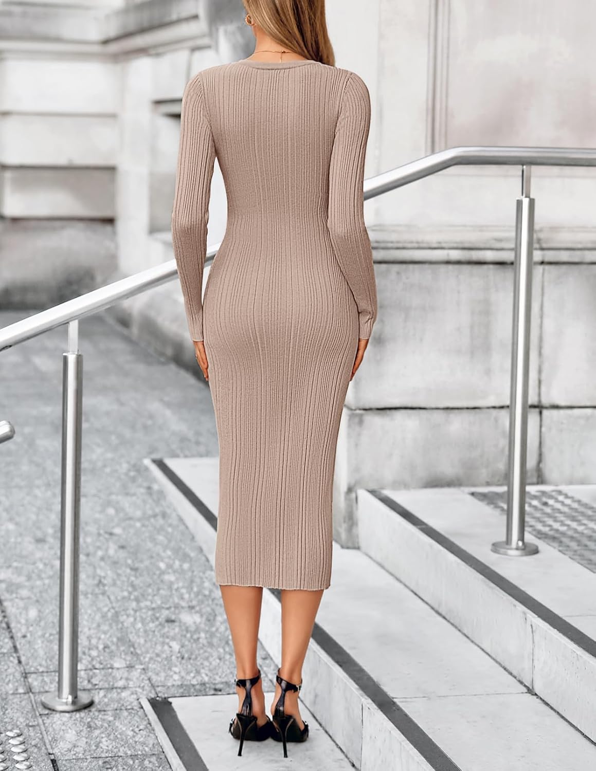 MEROKEETY Women's Bodycon Sweater Dress 2025 Fall Winter Long Sleeve Button Crew Neck Ribbed Knit Midi Work Dresses - Image 4