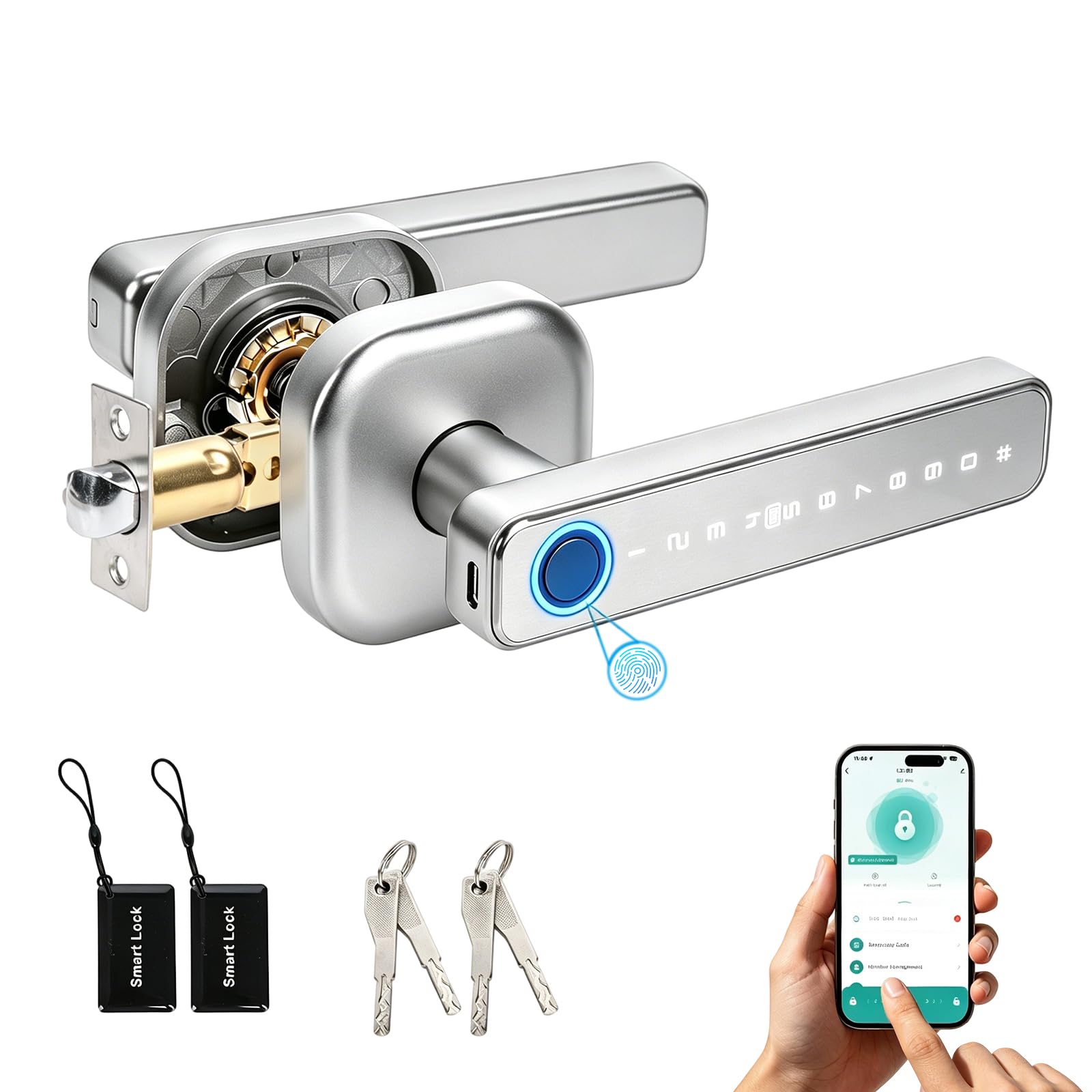 5-in-1 Intelligentes Türschloss, Elektronisches Türschloss für Bluetooth | Fingerabdruck biometrische, Temporäres Passwort, Per App gesteuert, Smart Lock, IC-Karte, für Haustür, Wohnung, Hotel, Büro
