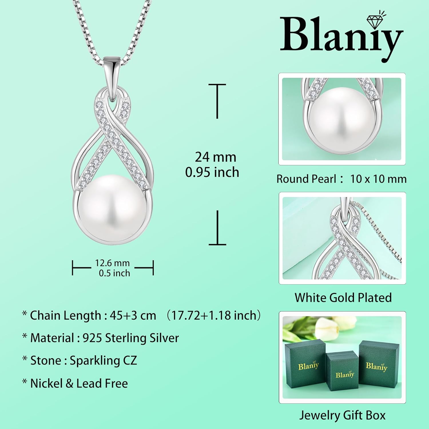 10MM White Pearl Necklace 925 Sterling Silver Infinity Pendant Necklace Single Pearl Jewelry Gifts for Women - Image 6