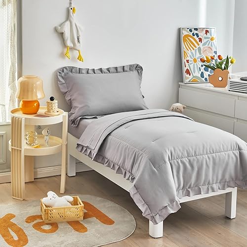 Miniatura 4 de Juego de ropa de cama gris de 4 piezas para niños pequeños con flecos de volantes, juego de ropa de cama de color sólido para niños pequeños - 1