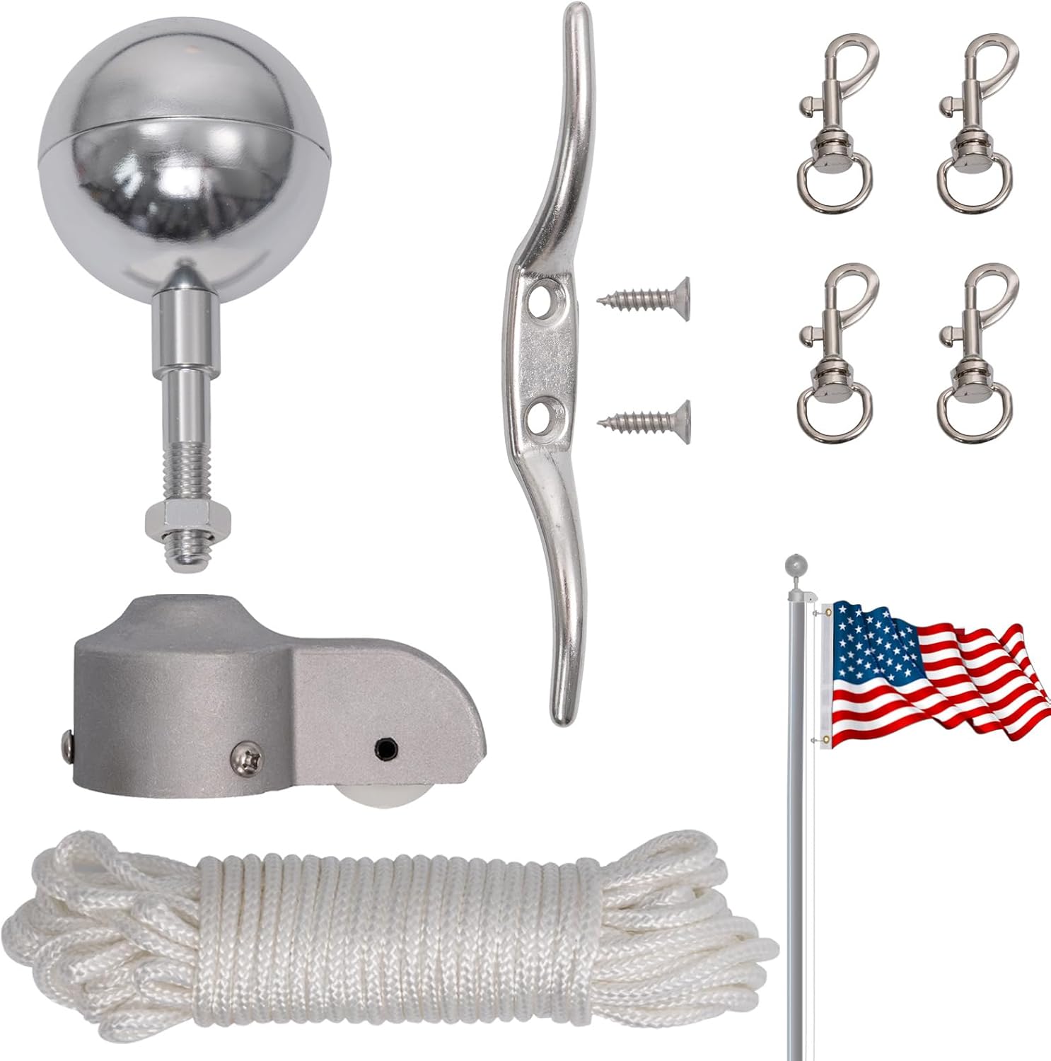 Flagpole Hardware Replacement Parts Kit Sliver, 50 Ft Halyard Rope, Sliver Ball Topper, Cleat Hook, 4 Metal Sliver Swivel Snap Clips, Flagpole Pulley Truck for 1.6"-2" OD Tube