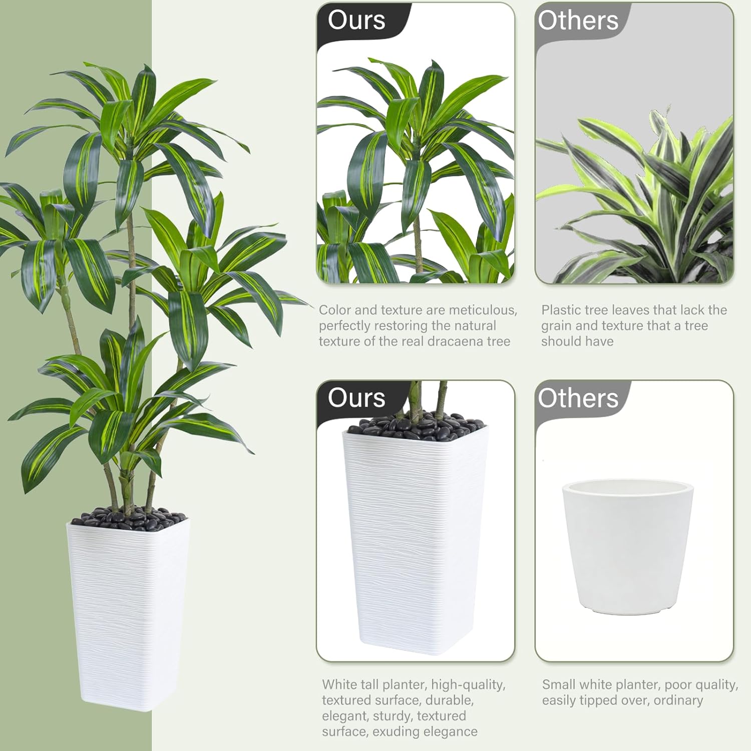 Artificial Dracaena Tree, 5FT Artificial Plants Indoor with White Tall Planter, Faux Yucca Silk Tree Fake Tropical Floor Plant in Pot, Fake Plants for Home House Room Office Entryway Porch Decor