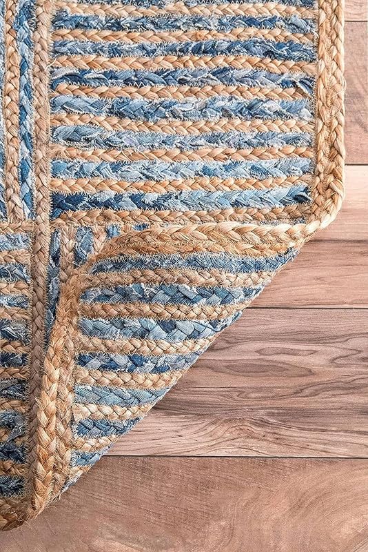 Image of F R Creation Jute Reversible Braided Natural & Handwoven Jute Carpet, Carpet for Living Room Braided Rug, Offices Carpet, Guest Room Size (5X8 Feet Denim)