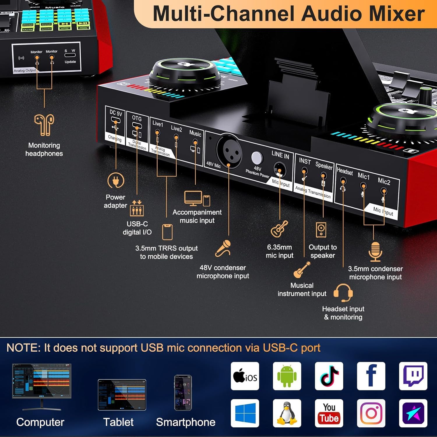 Paquete de equipo de podcast mezclador de audio con micrófono condensador de estudio P10 de 48 V, interfaz de audio, tarjeta de sonido, cambiador de voz para grabación de PC, juegos, transmisión en