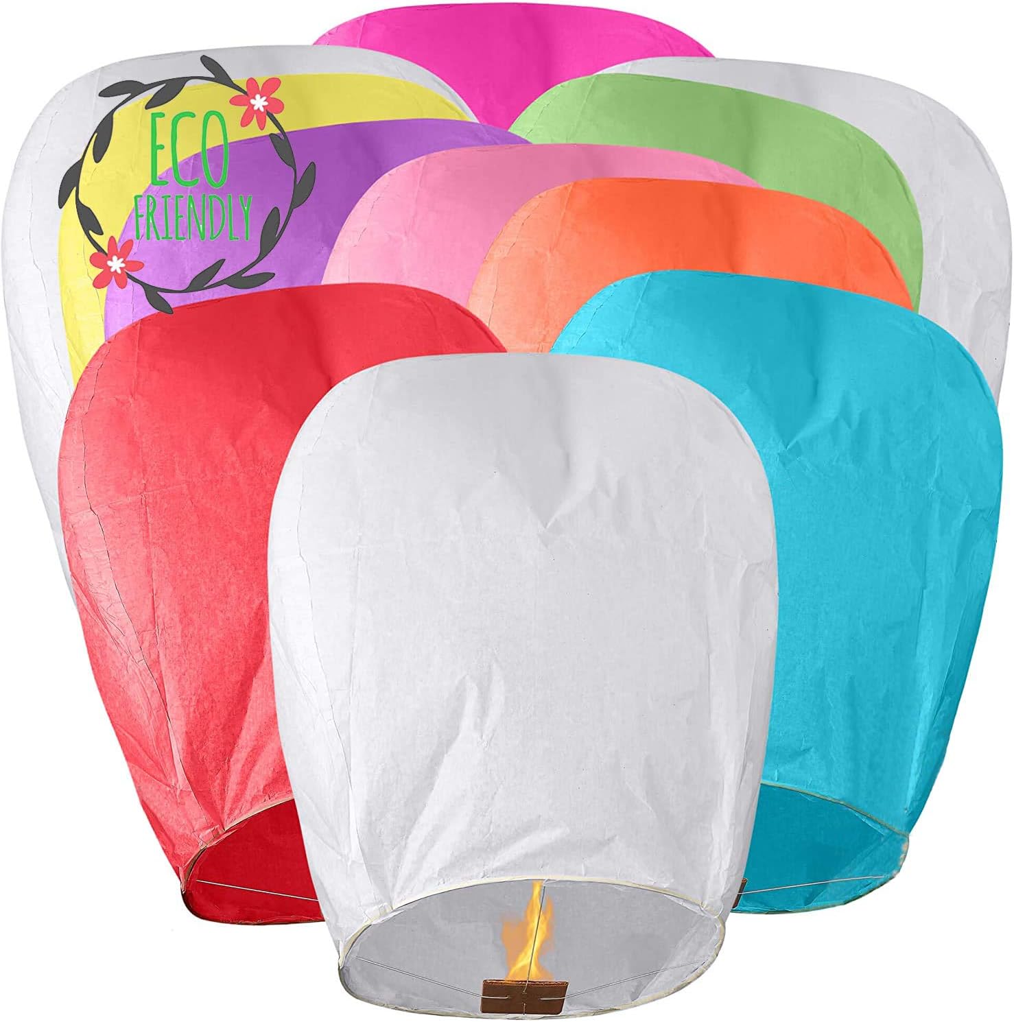 Set of 10 Multicolor Eco Friendly Chinese Sky Lanterns for Christmas, New Years Eve, Chinese New Year, Weddings & Parties, 100% Biodegradable