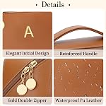 Birthday Gifts for Women Teen Girl, Personalized Initial Makeup Organizer Bag Set, Open Flat Travel Cosmetic Bag With Clear Divider and Handle, Brown, 9.1 x 4.33 x 4.73 inches, A