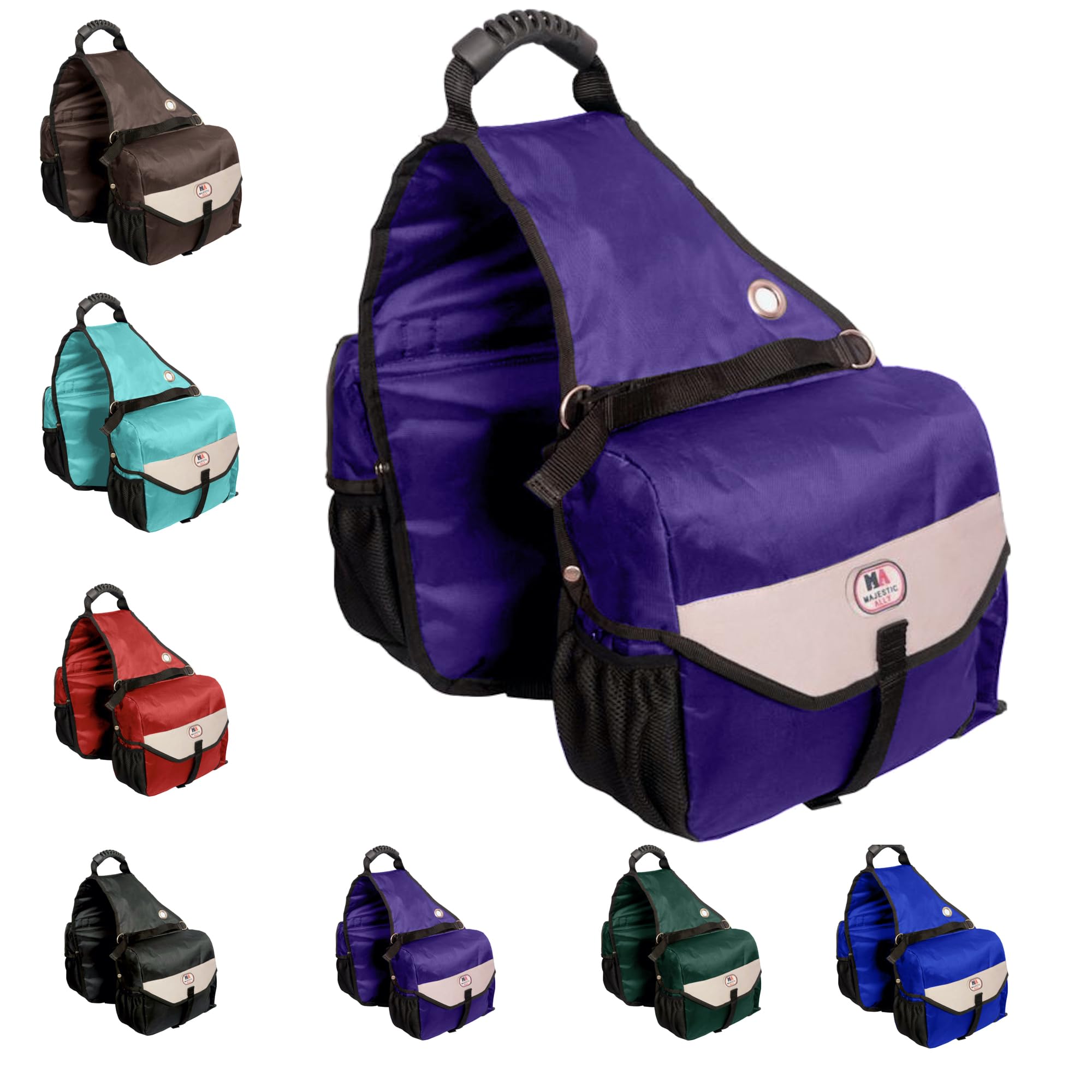 Majestic Ally Horse Saddle Bag - Nylon Insulated Leakproof Cooler, Reflective Padded with Pockets and Water Bottle Carrier, Durable Equestrian Saddle Bag (Purple)