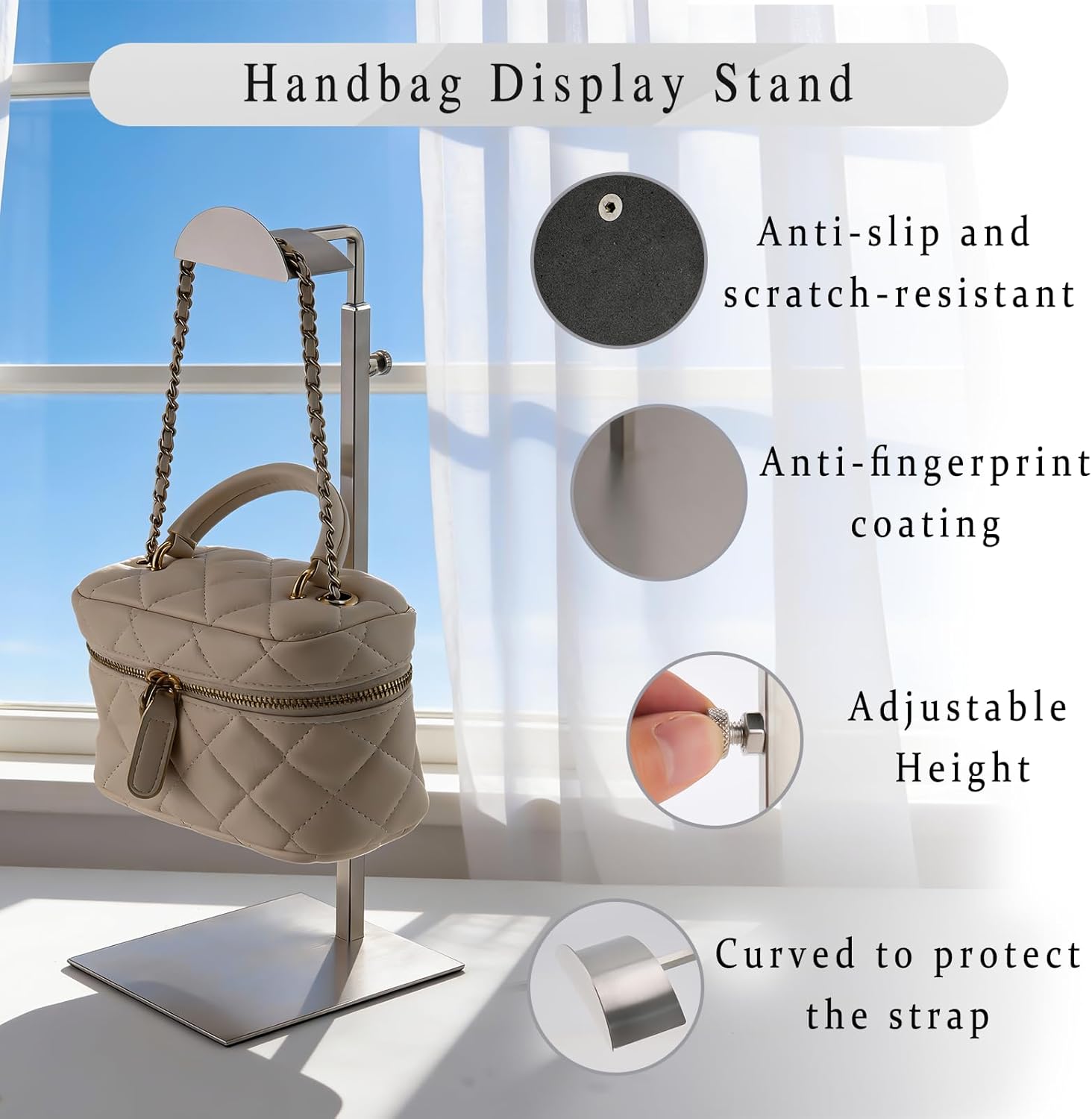 Handbag Display Stand - Set of 3 Purse Display Stand Stainless Steel Jewelry Organizer Stand Table Hanging Hook Stands Adjustable Height for Home Store Boutique Counter - Image 3