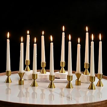 NUPTIO Gold Candlestick Holder Bulk Set of 12 Brass Taper Candle Stick Holders - Small Aluminium Candleholder for Thanksgiving Birthday Christmas Decor