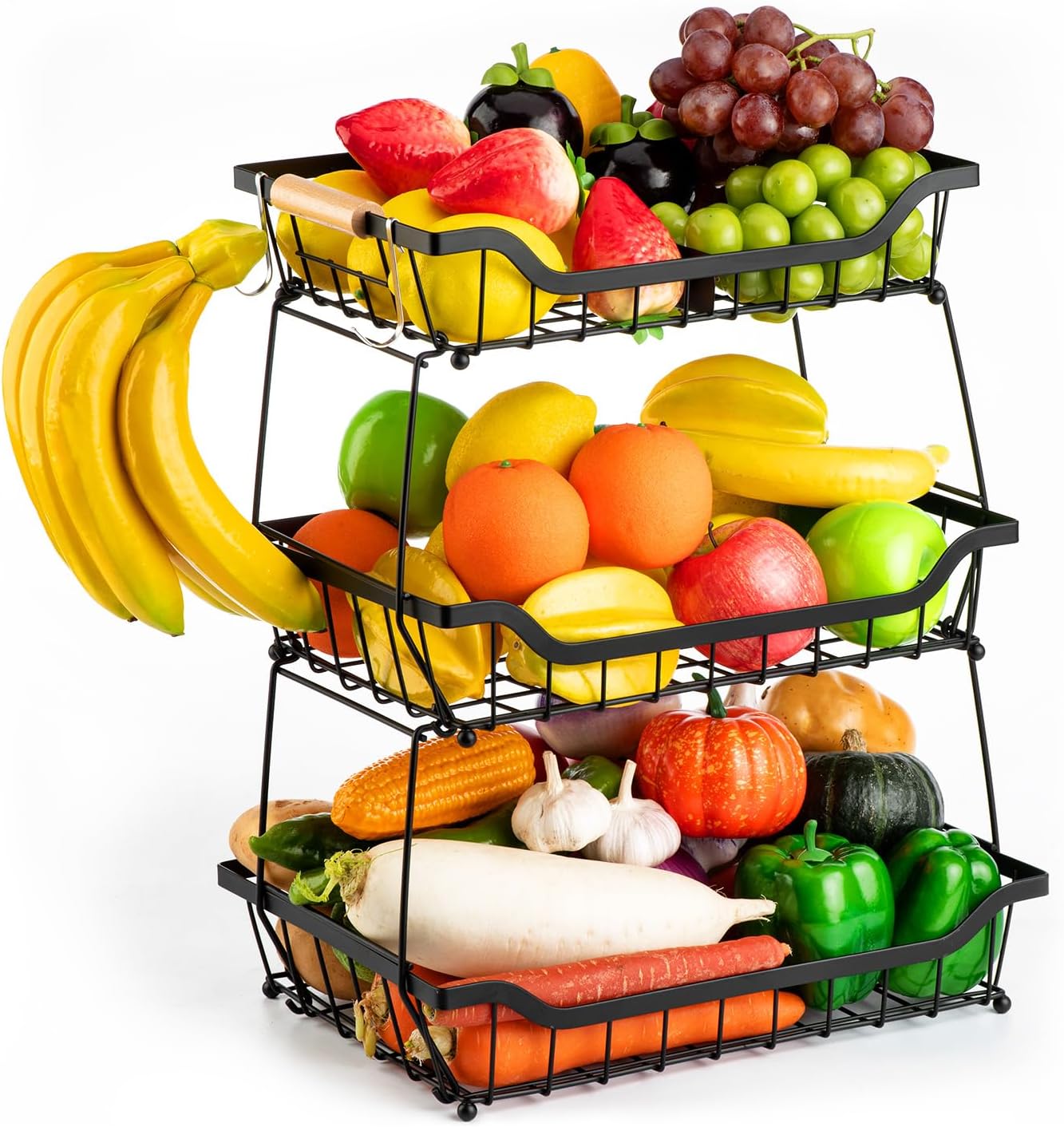 3 Tier Fruit Vegetable Basket for Kitchen, Storage Cart, Vegetable Basket Bins, Countertop Metal Wire Organizer with 2 Detachable Banana Hangers & Bowl - Fruit Basket for Snacks, Bread
