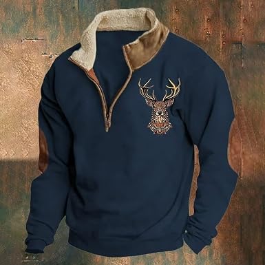 DUHENWU Pull Demi-Fermeture Éclair Homme Imprimé Cerf - Pull Tricot Chaud Col Montant Hiver