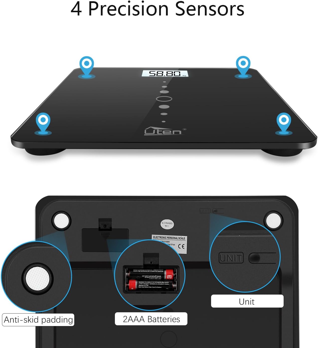 Uten Digital Body Scale, Bathroom Weight with Step-On Technology, Backlight Display, Round Corner Design and 8MM Glass, 440lb/200kg Capacity