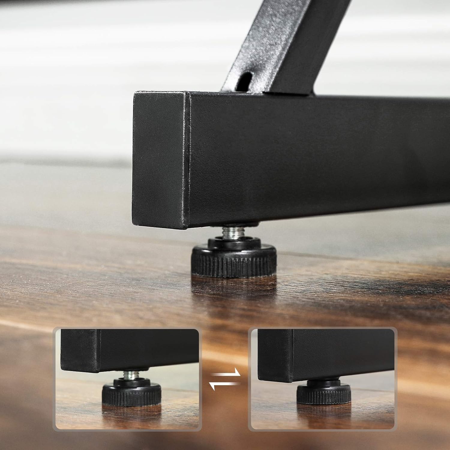 L-shaped desk with a computer tower placed underneath the corner