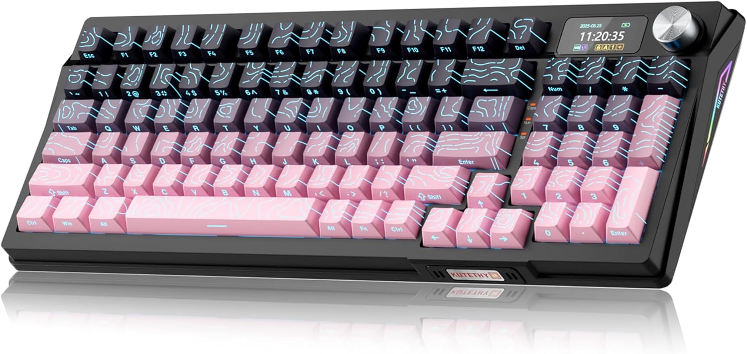 Zhouwang KUTETHY Wireless Mechanical Keyboard,Smart Display & Knob,Tri-Mode BT5.0/2.4GHz/USB-C,Hot Swappable Pre-lubed Kailh Switches,Contour keycaps,RGB Backlit Gaming Keyboard (BlackBerry Contours)