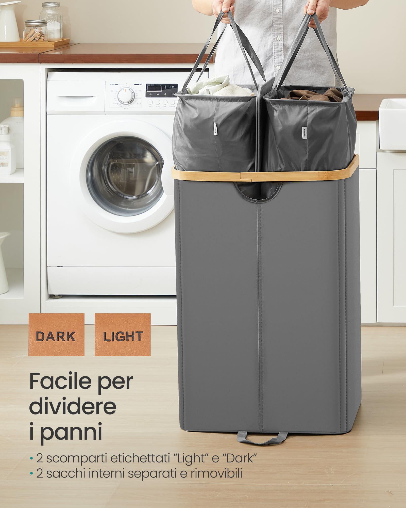 SONGMICS Cesto Portabiancheria a 2 Scomparti, Porta Biancheria 150 L, con Coperchio, Sacchi Interni Rimovibili, per Lavanderia Camera da Letto Soggiorno, Grigio Ardesia e Beige Naturale LCB523G01