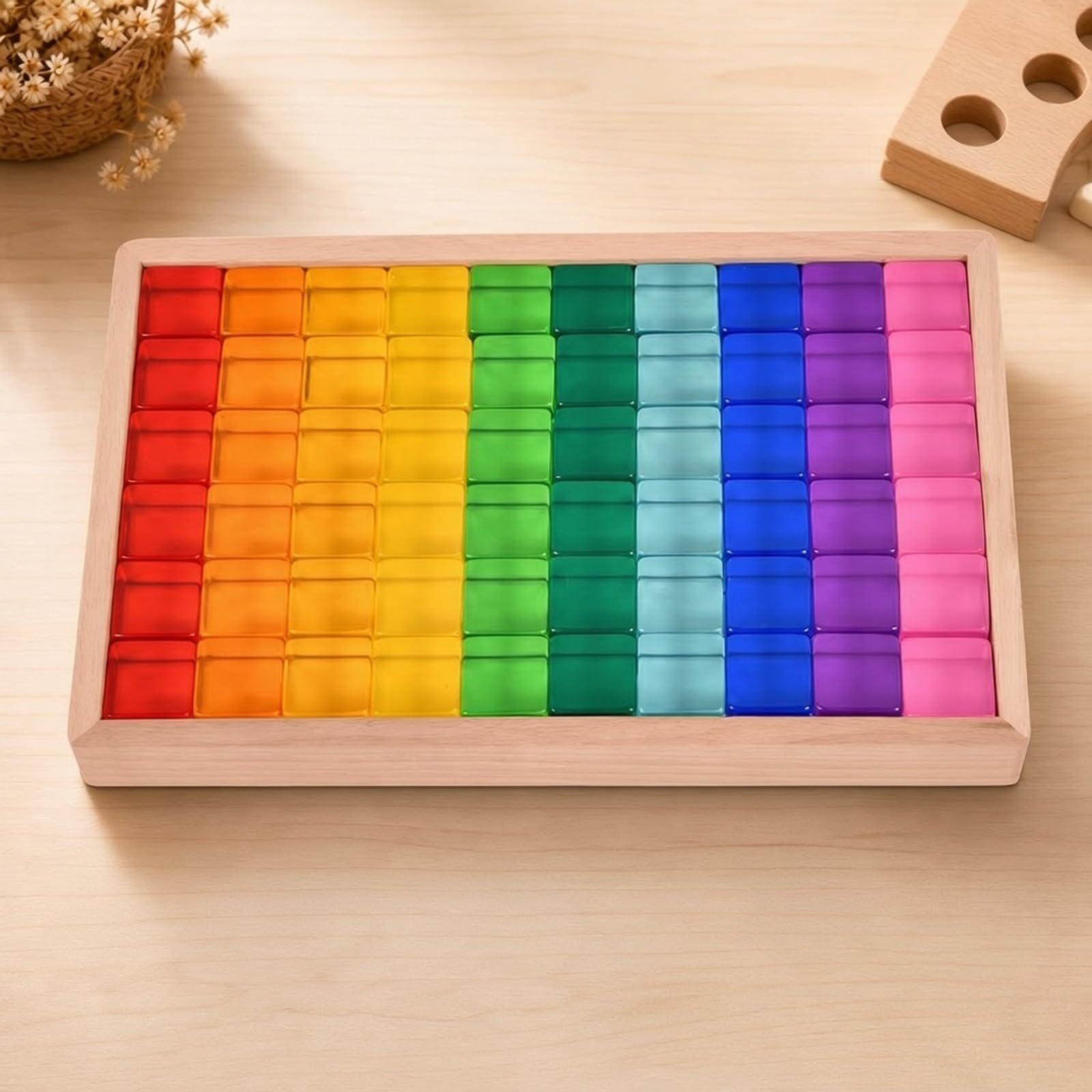 60 Pezzi Blocchi da Costruzione con Vassoio di Ordinamento in Legno Traslucido Blocchi da Costruzione in Acrilico e Legno Colorato per Area Giochi, Stile B