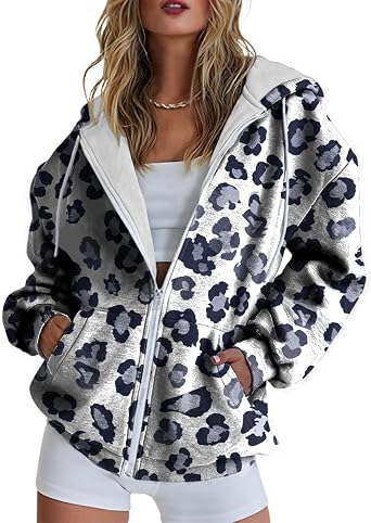domirica Hoodies for Women Print Oversized Full Zip Hoodie with Pockets Retro Graphic Womens Sweatshirt Long Sleeve Trendy
