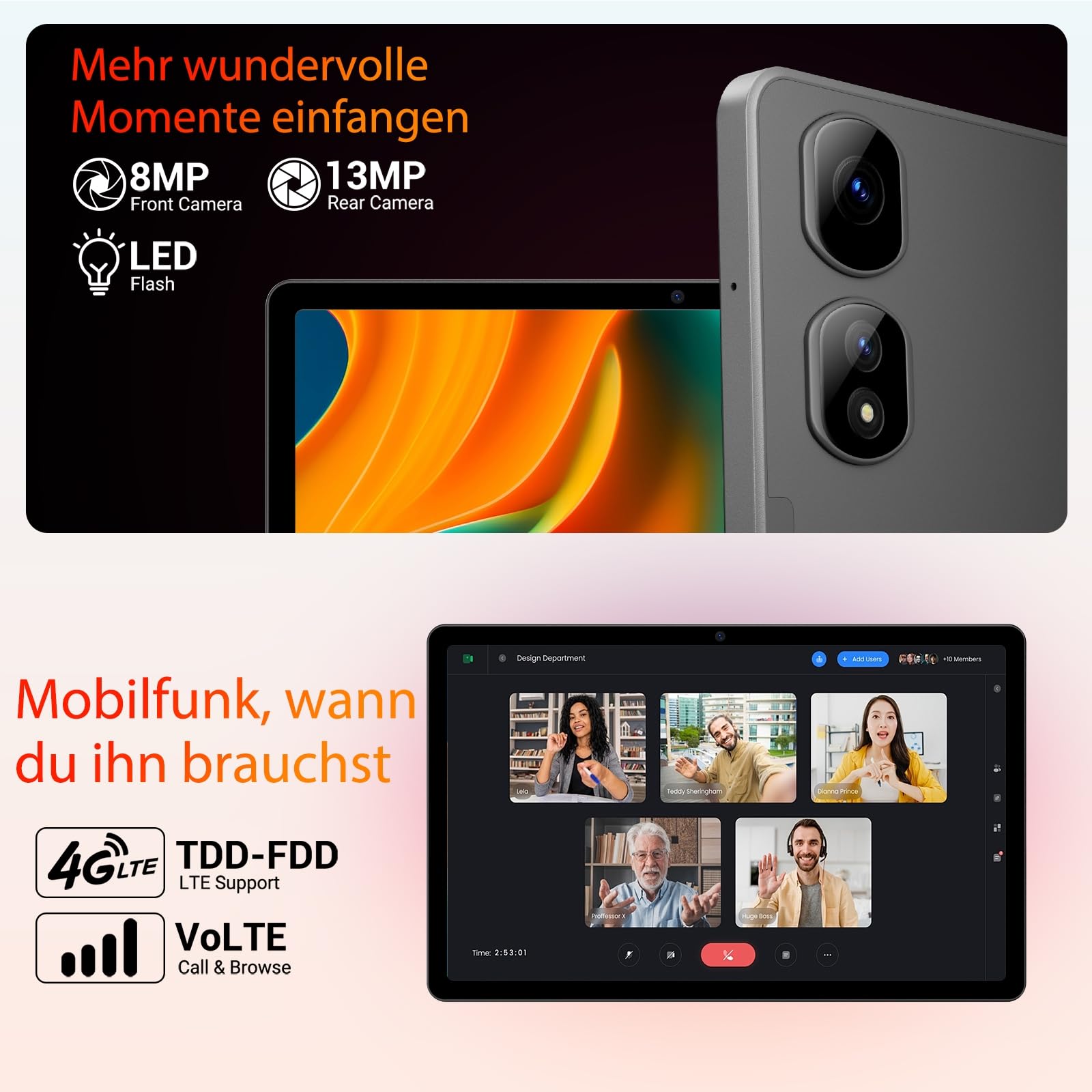 Tablet 11 Zoll Cellular, 2K FHD, 36GB RAM+256GB ROM/1TB TF, 4G LTE Dual SIM+5G WLAN, 2GHz Octa-Core Android 15 Tablets mit 9580mAh Akku, 13MP, GPS, GMS, mit Tastatur/Stift/Maus/Hülle