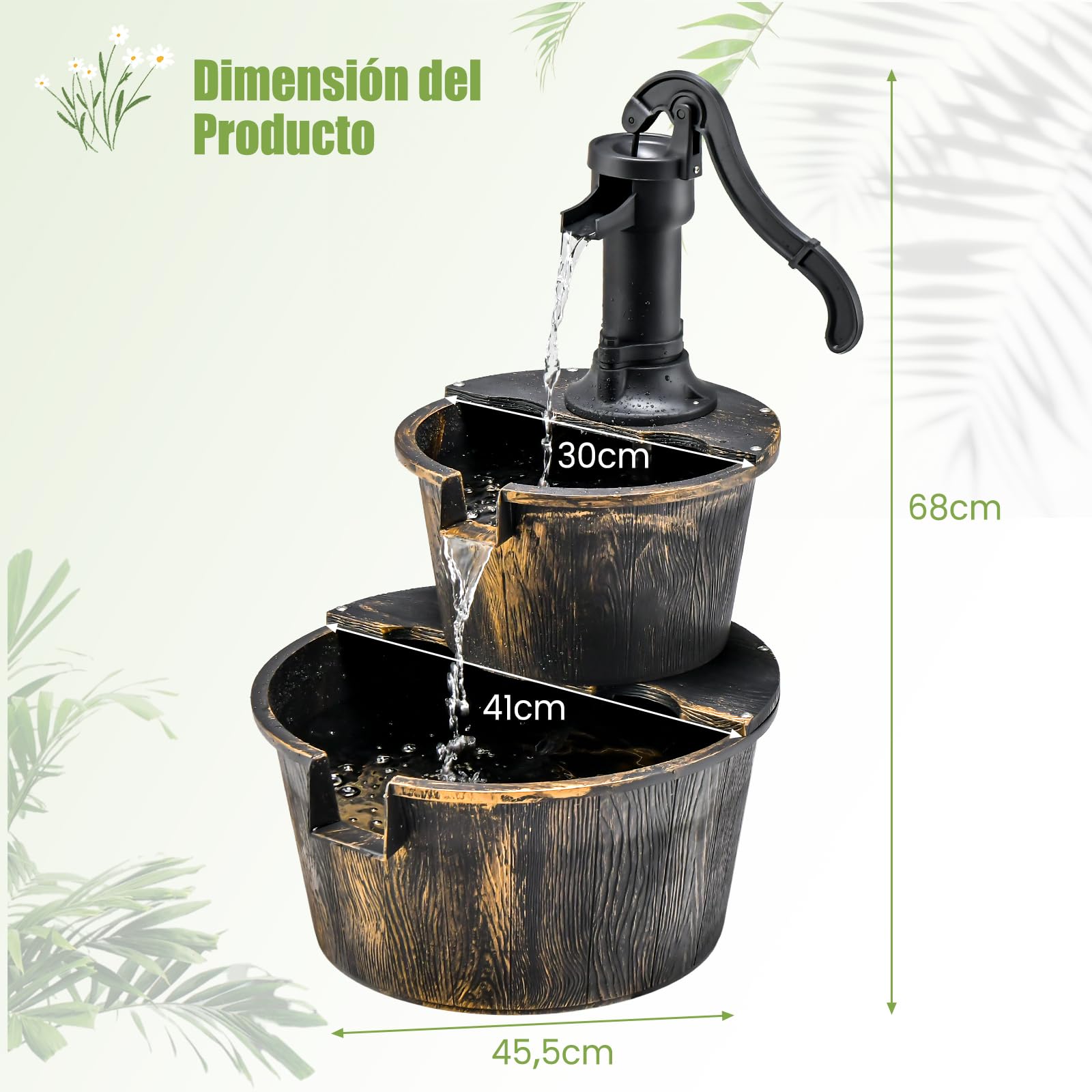 GOPLUS Fuente Jardín Exterior, Fuente Decorativa de 2 Niveles con Bomba Ajustable, Fuente en Cascada de PP, Decoración para Jardín, Terraza, Patio, 45,5 x 41 x 68 cm