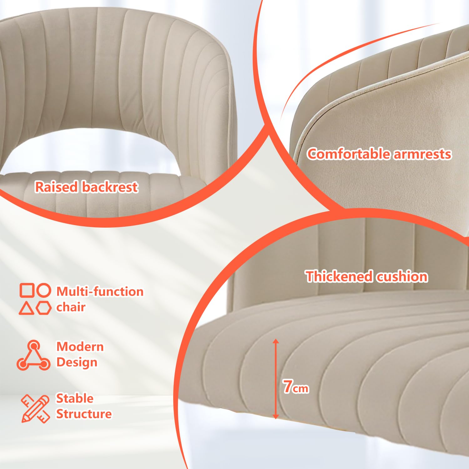 Homeoffice Stuhl, Drehbar Bürostuhl Ergonomisch, Schreibtischstuhl Höhenverstellbar, Schminktisch Stuhl, Samt Drehstuhl Hochlehner, für Arbeitszimmer, Schlafzimmer(Cremefarben-Samt)