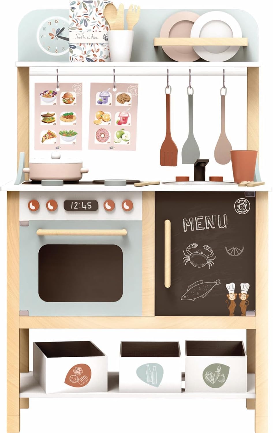 SPEEDY MONKEY Wooden Play Kitchen Set for Kids – 20-Piece Pretend Play Cooking Set, FSC® Certified Wooden Food & Cookware Accessories, Role Play Toy for Toddlers & Little Chefs