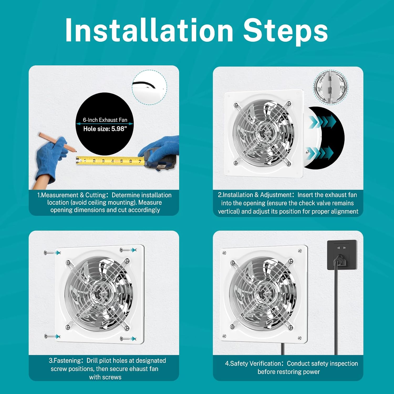 HG Power 6 Inch Exhaust Fan, Kitchen Exhaust Fan With Switch 308CFM, Extractor Ventilation Fan For Attic, Greenhouse, Basement, Shed