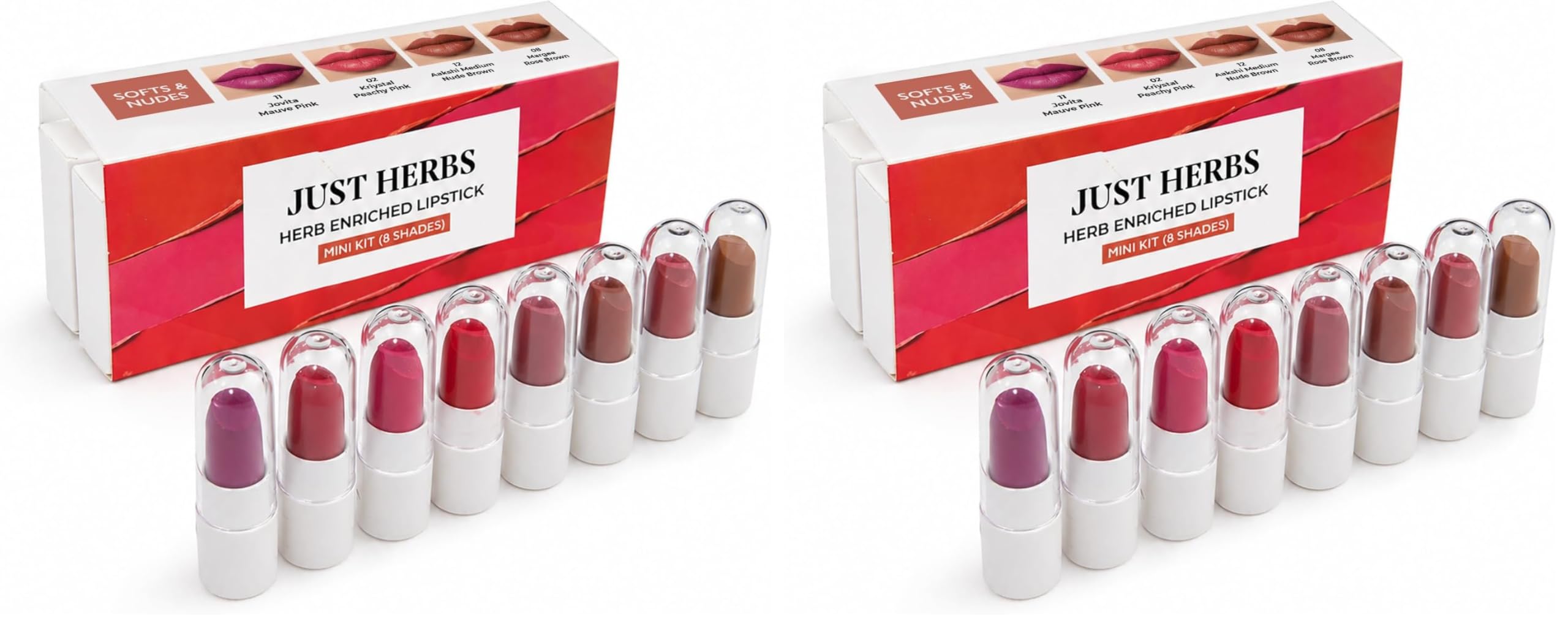 Just Herbs Herb Enriched Lipstick Kit | 8 Creamy Matte Shades | Travel Friendly & Richly Pigmented | Infused with Ashwagandha, Brahmi & Castor Oil | Curated for Indian Skin Tones (Pack of 2)-picture-23