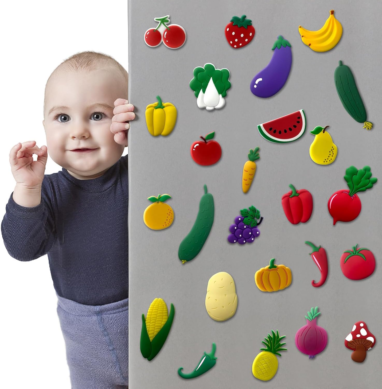 25pcs Food Magnets for Fridge - Fun Refrigerator Stickers for Toddlers 1-3, Educational Fruit and Vegetable Magnets for Kids