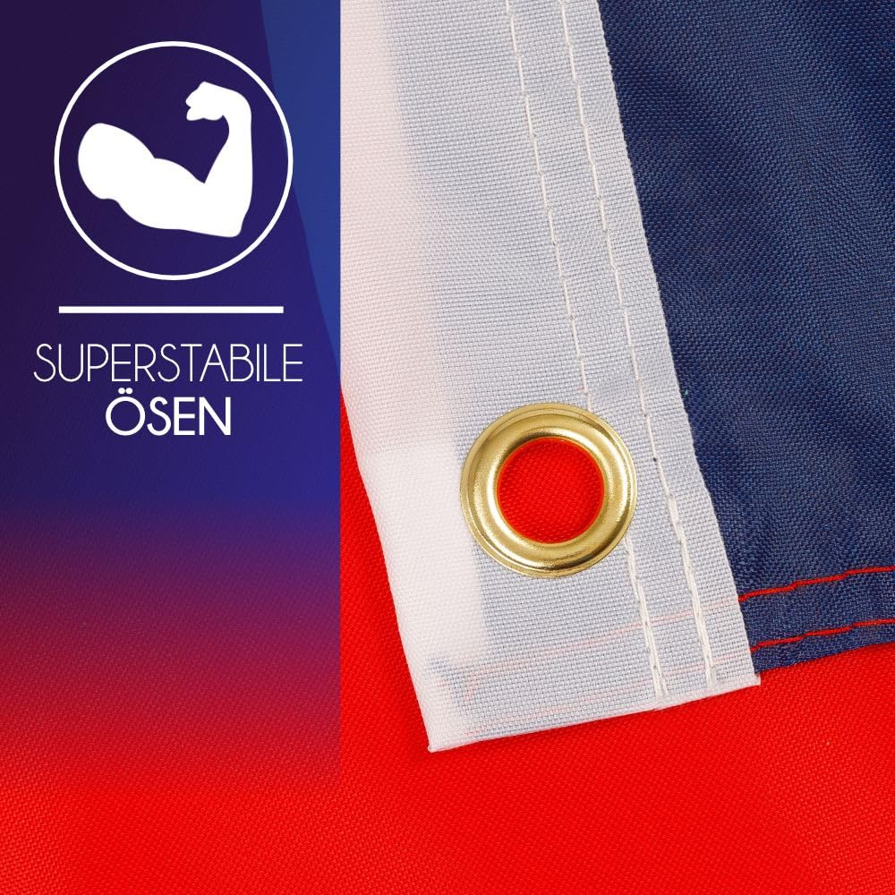 PHENO FLAGS Drapeau France 90x150cm – français - qualité premium - extrêmement résistant aux intempéries, avec œillets en laiton, 100% polyester, coutures doubles robustes & couleurs éclatantes