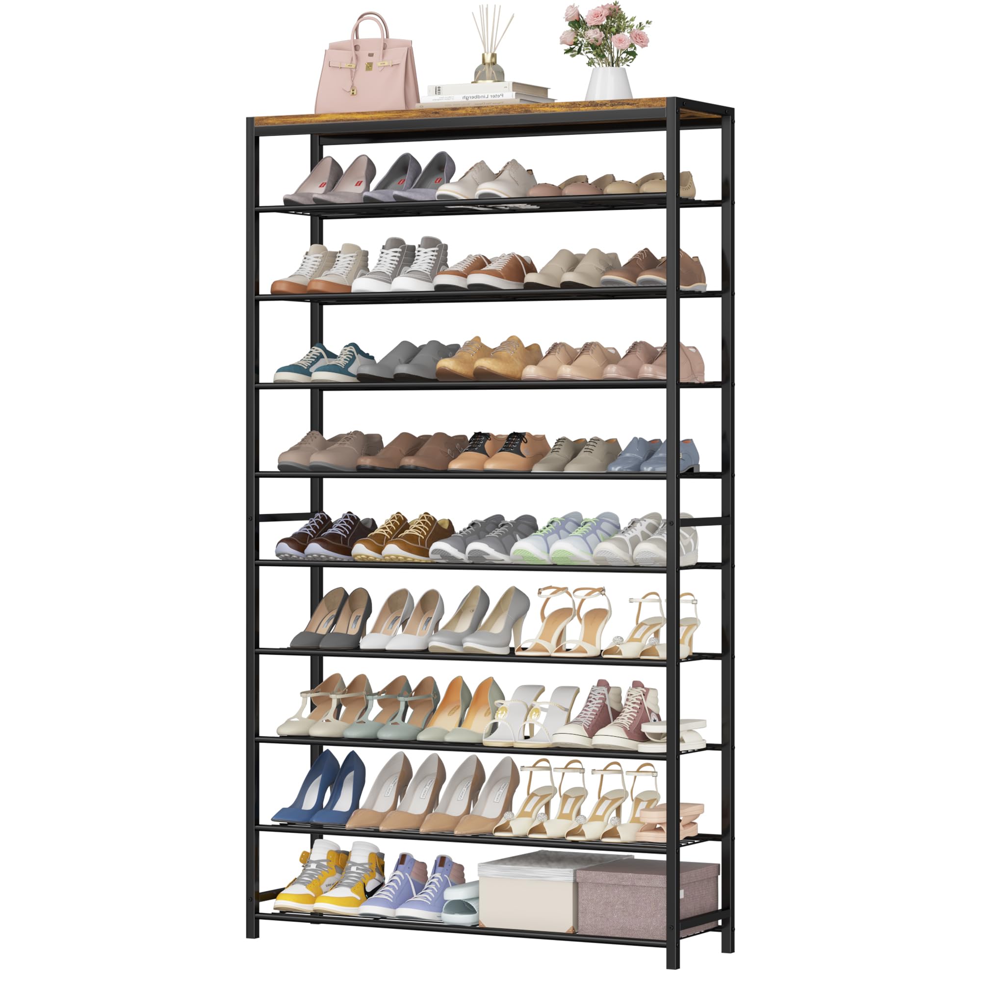 HOMEFORT 10 Tiers Shoe Rack Organizer,39.4" Shoe Storage Shelf for Closet, Shoe Rack for Entryway,Holds 45-50 Pairs of Shoe, Tall Shoe Stand with Metal Shelves and MDF Top Board,Rustic Brown