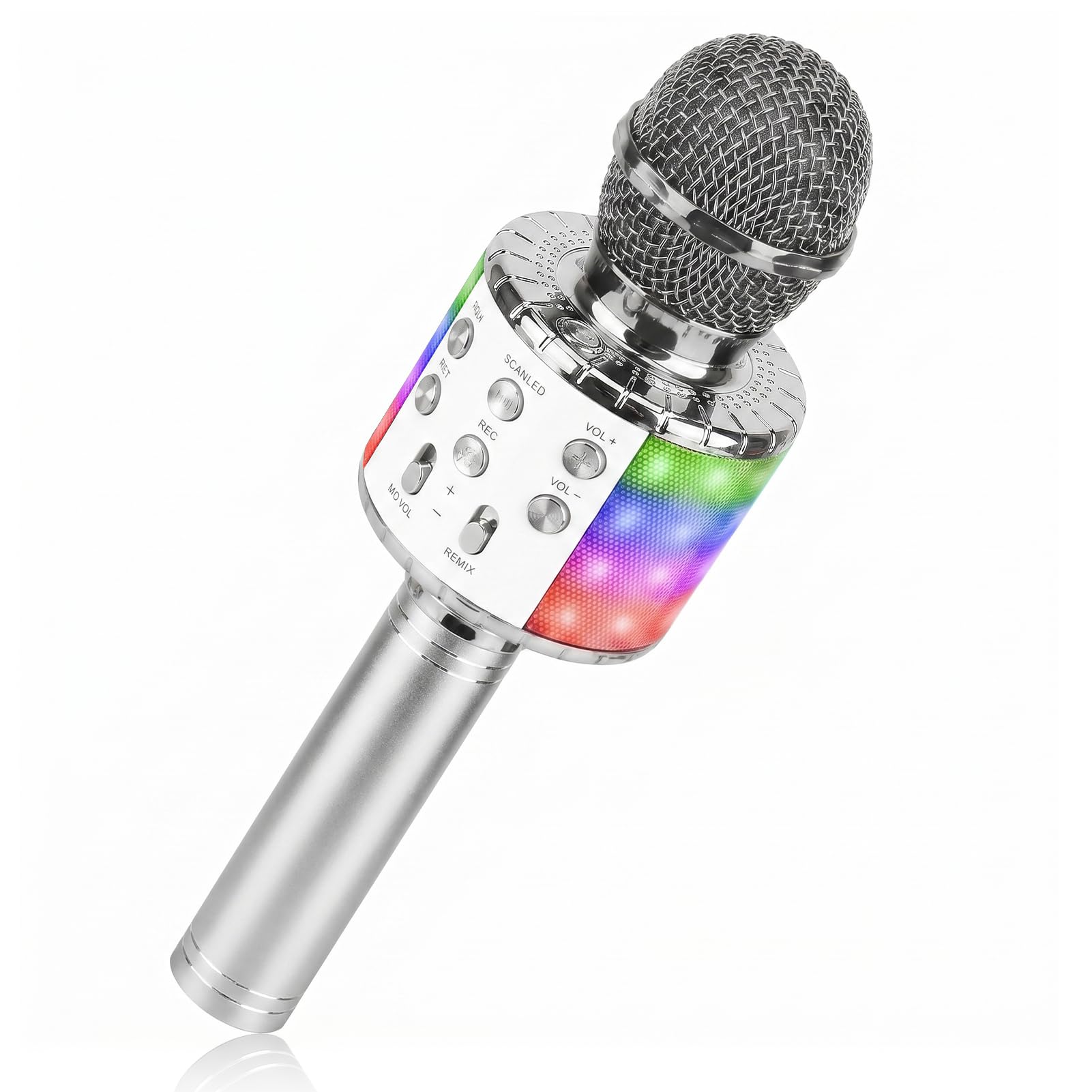 ShinePick Microfono Inalámbrico Karaoke, Micrófono Karaoke Bluetooth Portátil con Altavoz y LED para Niños Canta Partido Musica, Compatible con Android/iOS PC, AUX o Teléfono Inteligente (Plateado)