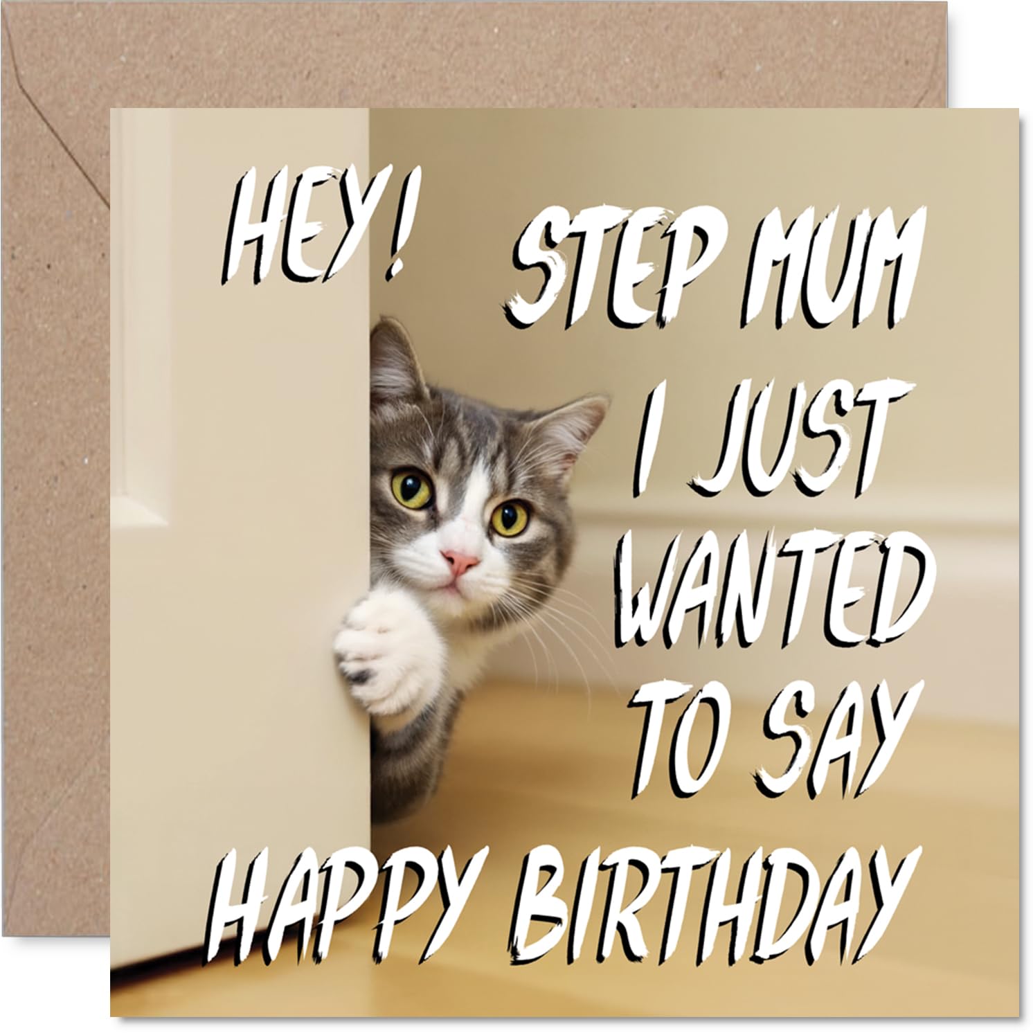 Step Mum Birthday Card - Cute Cat Peekaboo - Happy Birthday Card for Step Mum from Son Daughter, 145mm Lovable Kitty Bday Greeting Cards