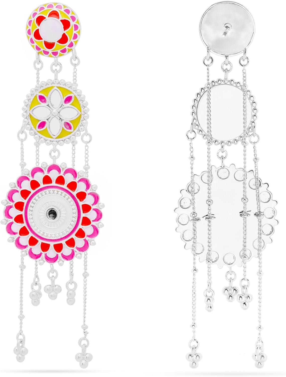 Color Blast Sunlit Symphony Tiered Brass Dangle Earrings, Enameled in Red, Pink, Yellow - Image 4
