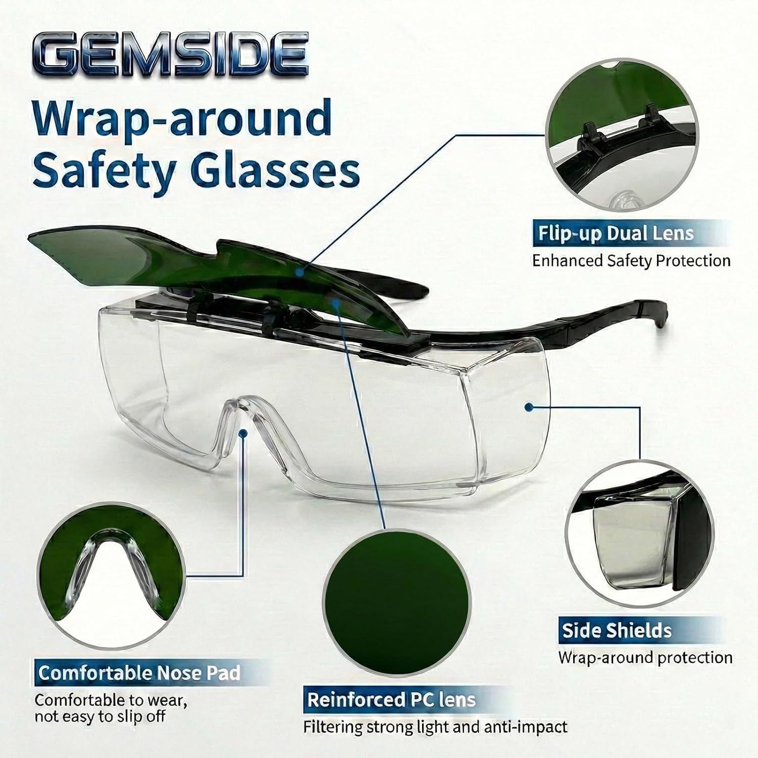 Welding Safety Glasses, Flip-Up Dual Lens Welders Goggles, Anti-Scratch Anti-Impact UV Protection Wrap-Around Eye Wear for Soldering Cutting Brazing Grinding