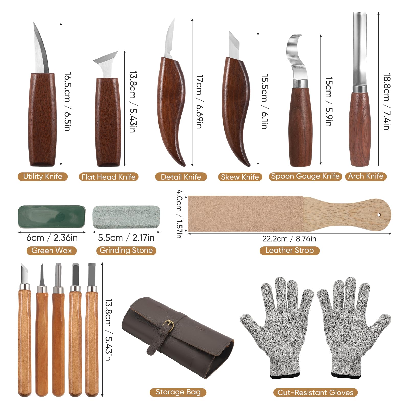 Juego de 16 herramientas para tallar madera, incluye 11 cuchillos, bolsa de cuero, piedra de afilar y guantes